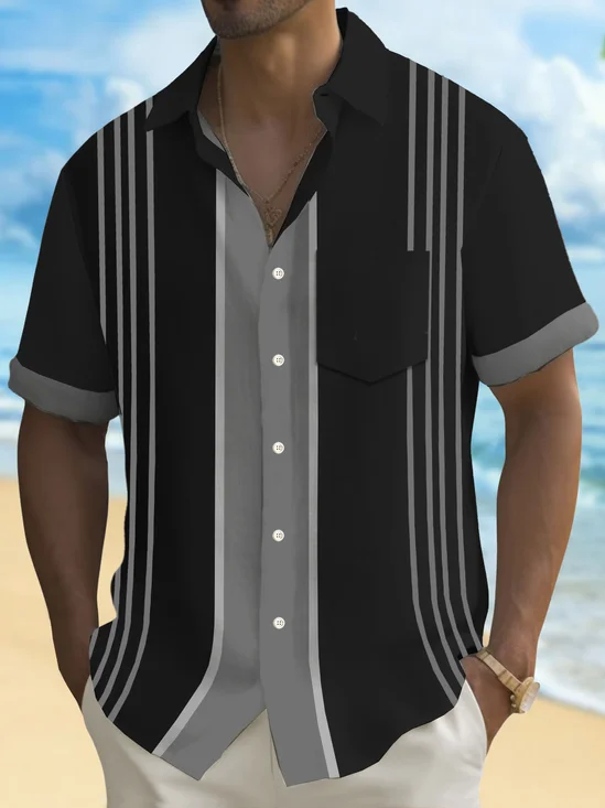 Royaura® Retro Bowling Stripe Print Men's Button Pocket Short Sleeve Shirt
