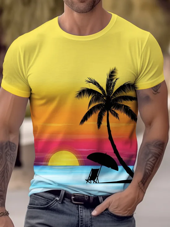 Royaura® Hawaiian Men's Coconut Tree Sunset Print T-Shirt