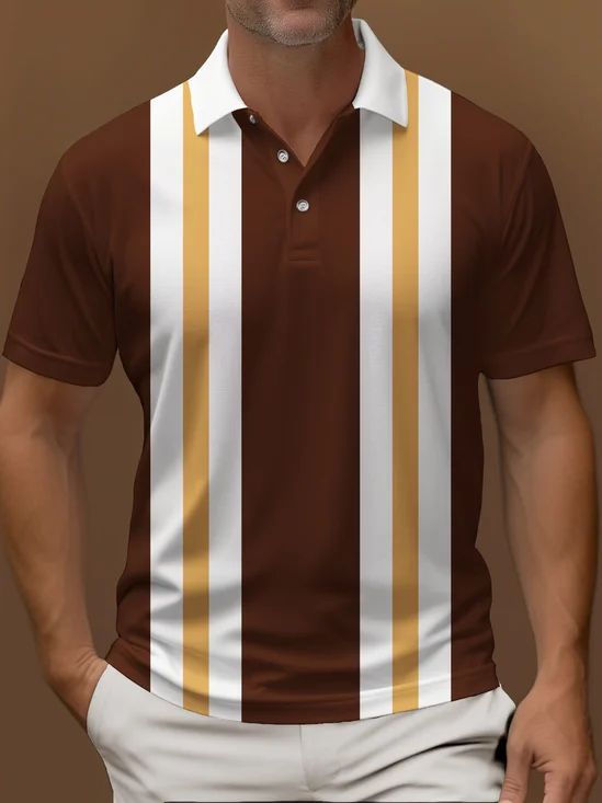 Royaura® Vintage Striped Bowling Polo Shirt Stretch Comfortable Camping Pullover Polo Shirt Big Tall
