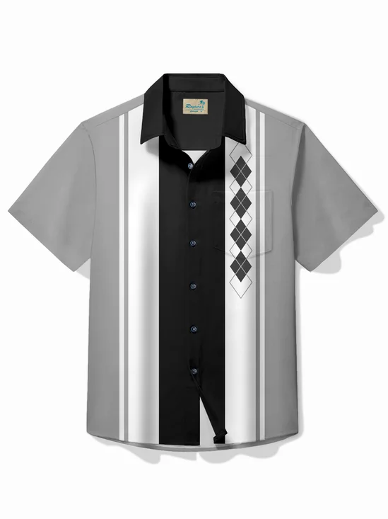 Royaura® Vintage Bowling Geometric Print Chest Pocket Shirt Plus Size Men's Shirt