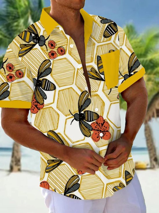 Royaura® Hawaiian Bee Geometric Print Men's Button Pocket Short Sleeve Shirt