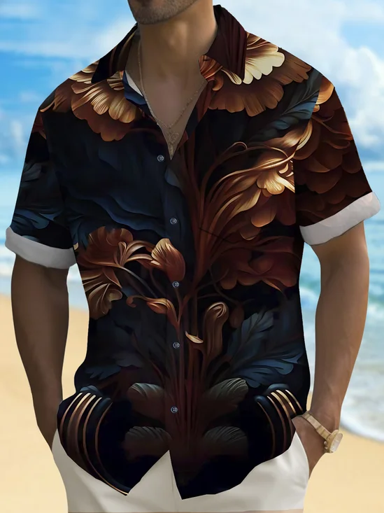 Royaura® Vintage Gold Floral Art Pattern Print Chest Pocket Shirt Plus Size Men's Shirt
