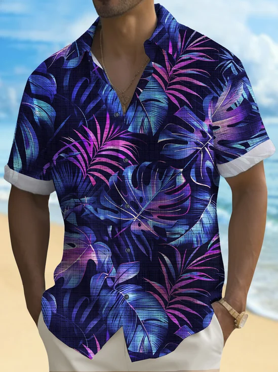 Royaura® Beach Vacation Men's Hawaiian Shirt Gradient Botanical Print Pocket Camping Shirt