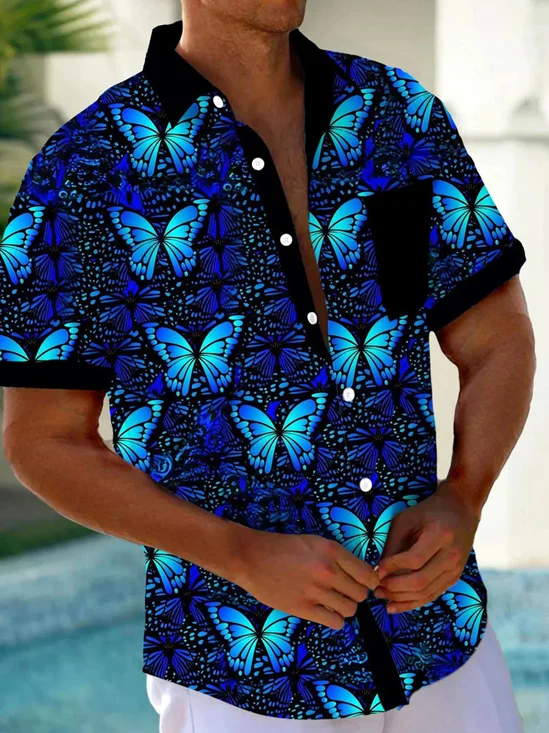 Royaura® Hawaiian Butterfly 3D Print Men's Button Pocket Short Sleeve Shirt