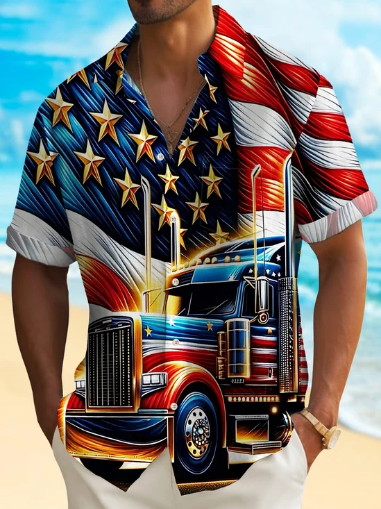 Royaura® American Flag Independence Day Men's Hawaiian Shirt Truck Art Stretch Quick Dry Pocket Shirt Big Tall