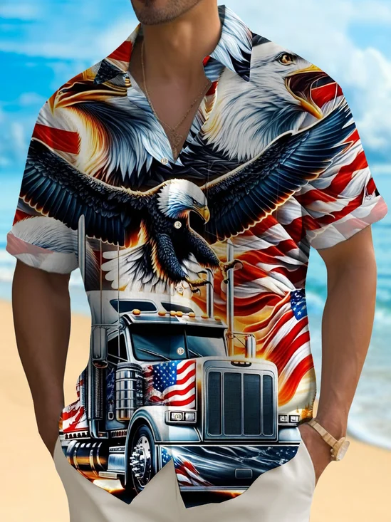 Royaura® American Flag Independence Day Men's Hawaiian Shirt Truck American Eagle Art Stretch Quick Dry Pocket Shirt Big Tall