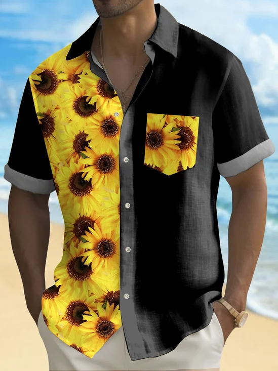 Royaura® Vintage Sunflower Print Chest Pocket Shirt Plus Size Men's Shirt Big Tall