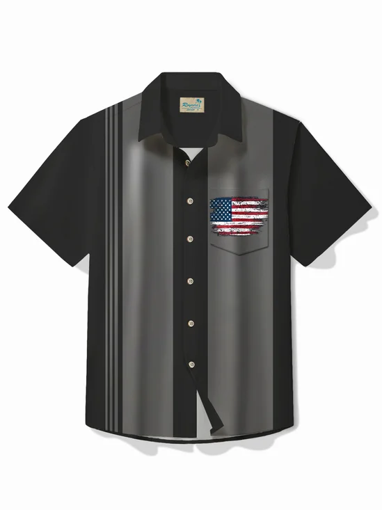 Royaura® Retro Bowling Flag Stripe 3D Print Men's Button Pocket Short Sleeve Shirt