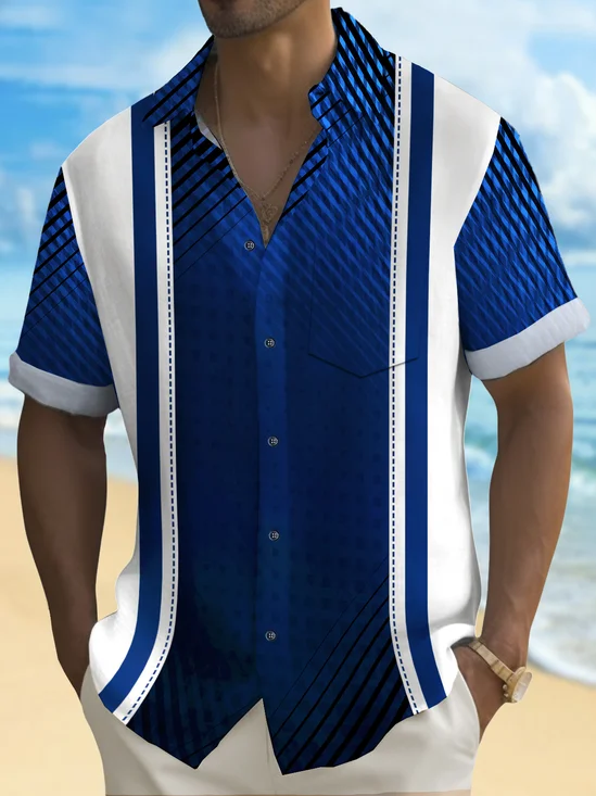 Royaura® Vintage Bowling Blue Gradient Texture Print Chest Pocket Shirt Plus Size Men's Shirt Big Tall