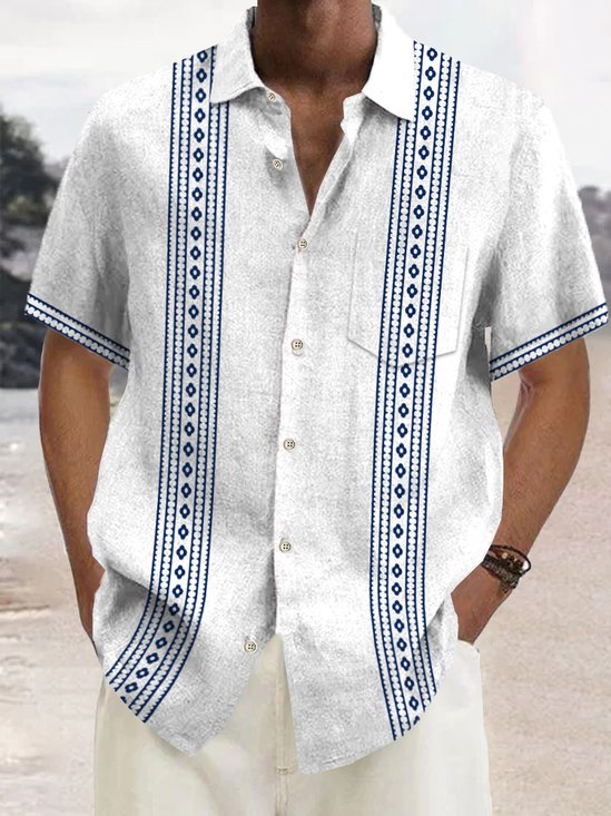 Royaura® Vintage Bowling Ethnic Pattern Line Print Chest Pocket Shirt Plus Size Men's Shirt Big Tall