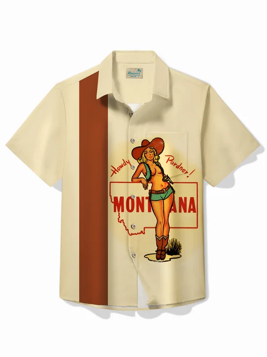 Royaura® Vintage Bowling Cowboy Girl Printed Chest Pocket Shirt Plus Size Men's Shirt Big Tall