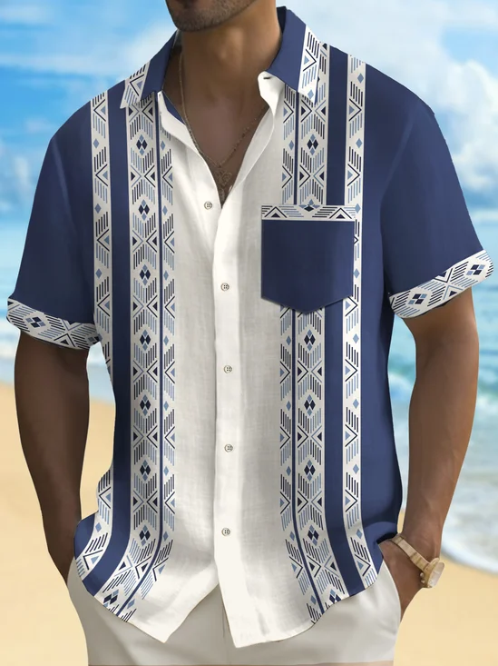 Royaura® Vintage Bowling Ethnic Pattern Stripe Print Chest Pocket Shirt Plus Size Men's Shirt Big Tall