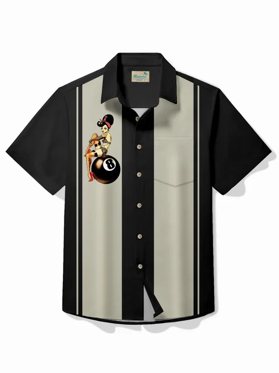 Royaura® Vintage Bowling Billiards Pin Up Girl Printed Chest Pocket Shirt Plus Size Men's Shirt Big Tall