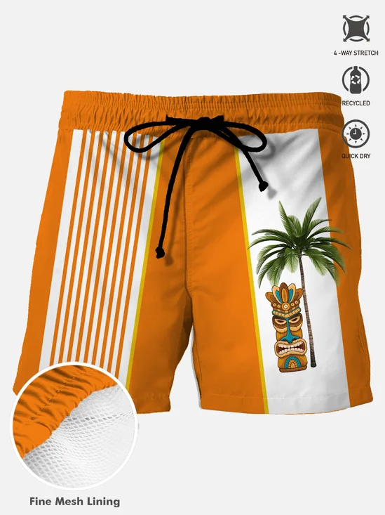 Royaura® Hawaiian Coconut Tree TIKI Striped 3D Print Men's Beach Shorts