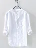 Royaura Men's Casual Stand Band Collar Basic Cotton Linen Plain Long Sleeve Shirt